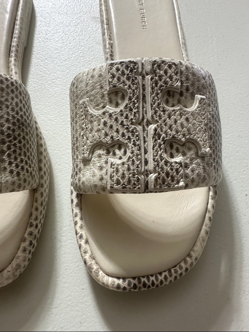 Tory Burch Cream Snake-Embossed Slide Sandals with Logo Cutout - Picture 2 of 7